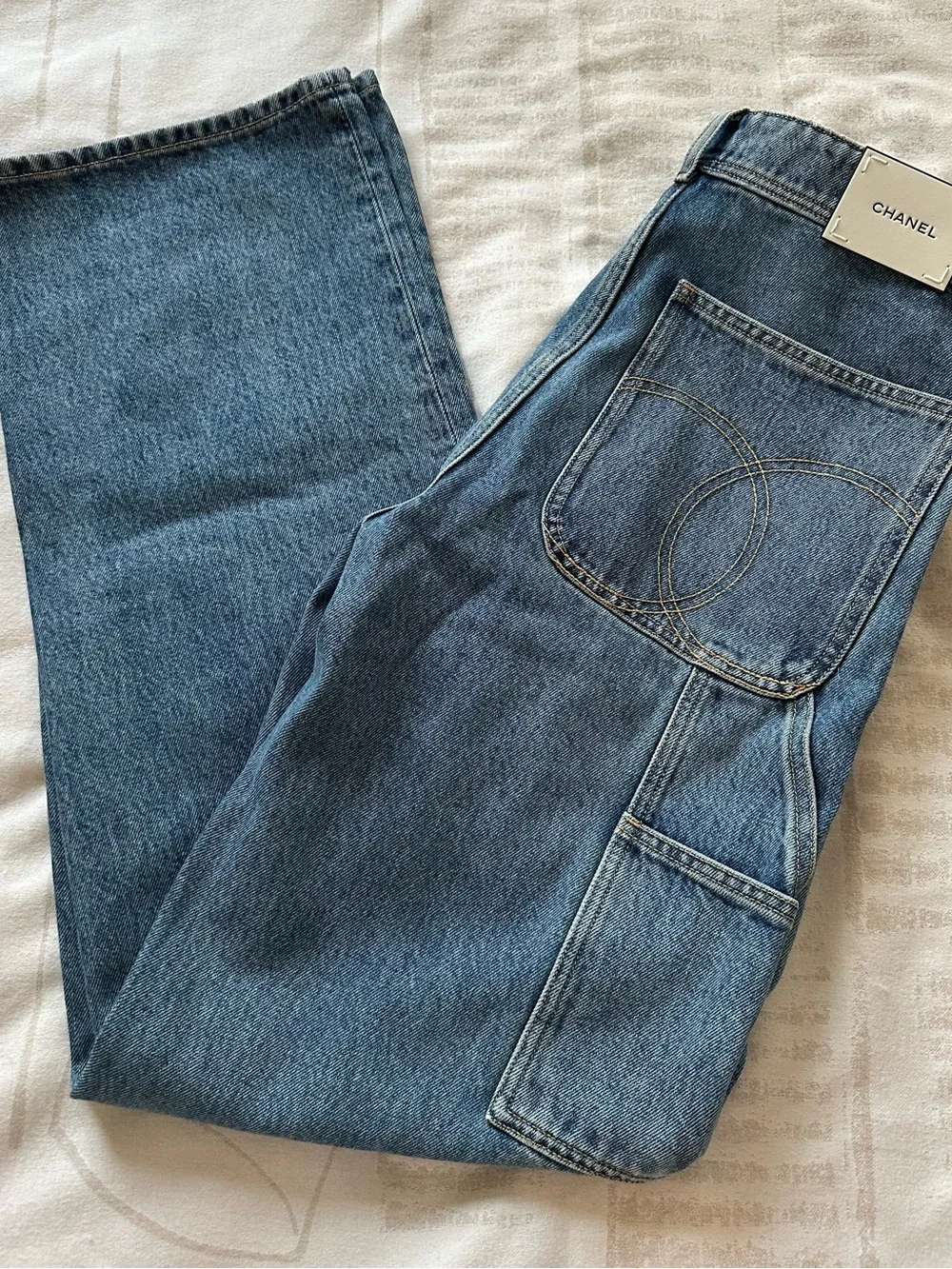 Chanel 26b Blazy Blue Denim large CC Logo Cargo Jeans Size 38